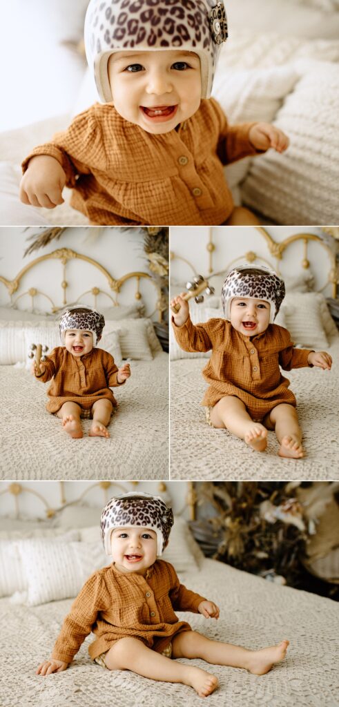 Family photography milestone session with baby on bed in studio in Tampa Bay, Florida Nadine B Photography 