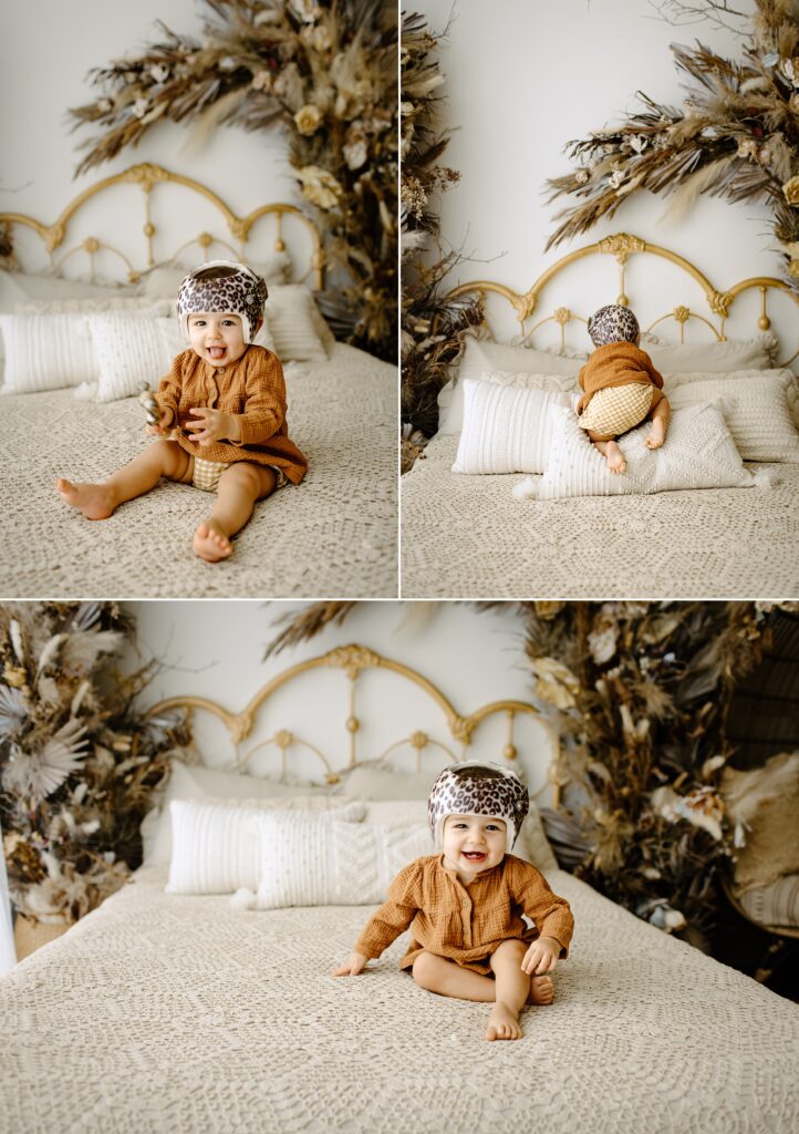 Family photography milestone session with baby on bed in studio in Tampa Bay, Florida Nadine B Photography 