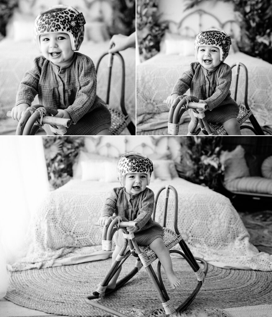 Family photography milestone session with baby on rocking horse in studio in Tampa Bay, Florida Nadine B Photography 