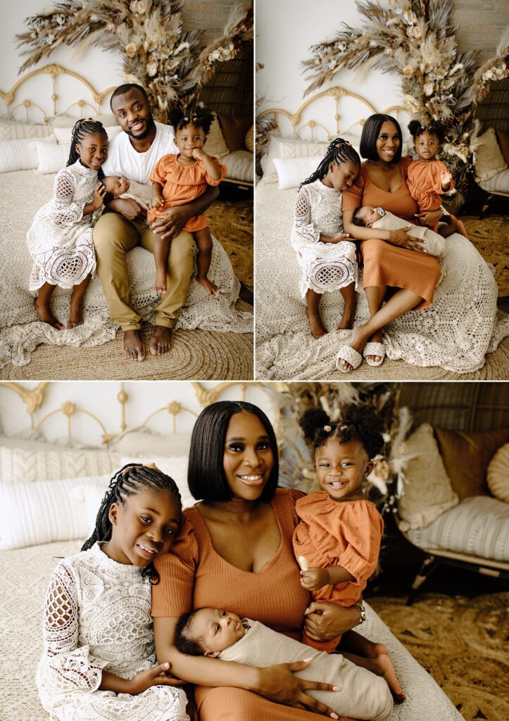Newborn photography lifestyle session siblings with parents on bed in studio in Tampa Bay, Florida Nadine B Photography 
