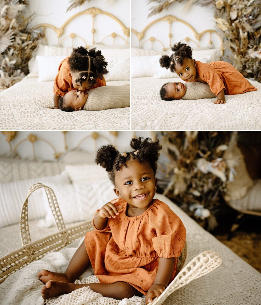 Newborn photography newborn session sibling with baby on bed in studio in Tampa Bay, Florida Nadine B Photography 