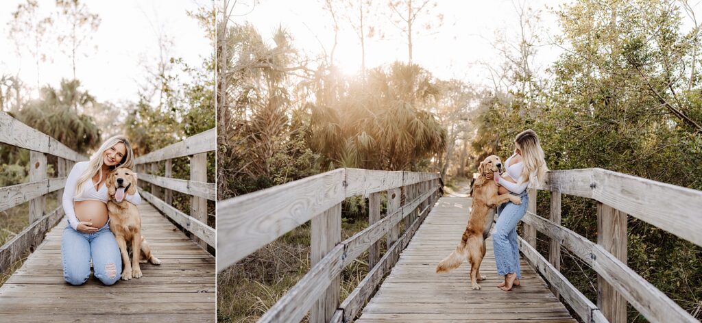 Pregnant woman kneeling barefoot on a wooden bridge in Holiday, FL, smiling with her golden retriever nestled beside her.