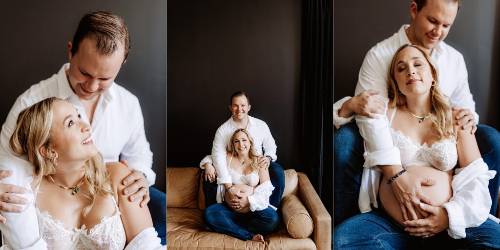 Collage of couple seated on leather couch in front of dark wall during cozy maternity session in Tampa boudoir studio