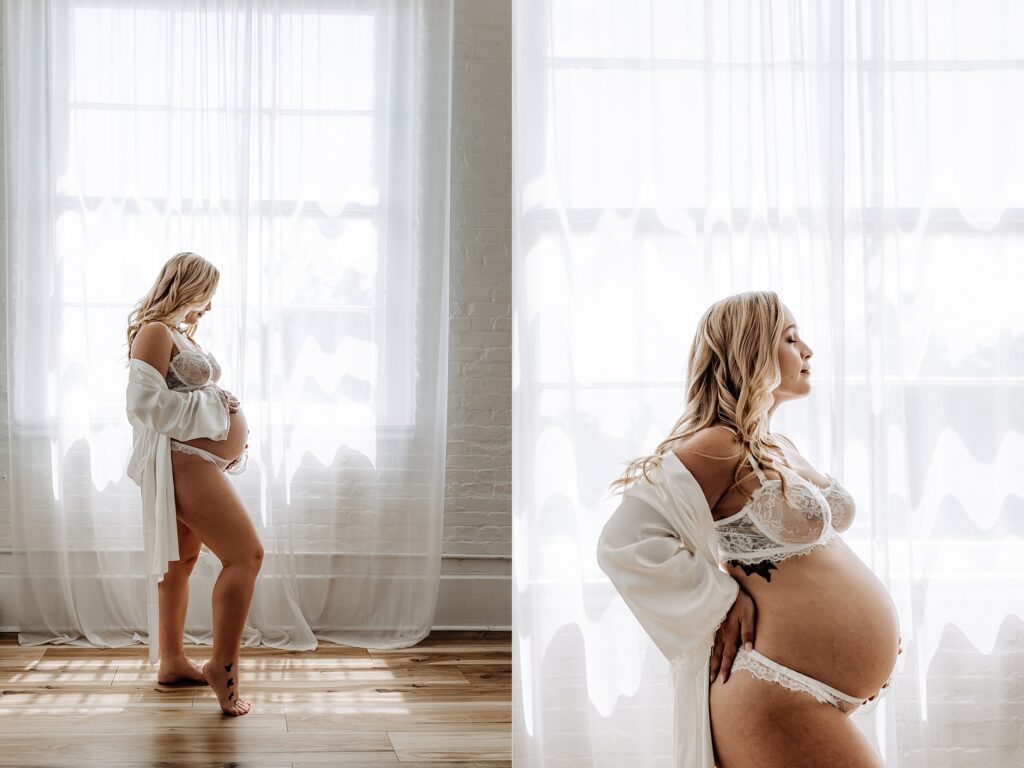 Maternity collage of pregnant woman in white lace lingerie and robe standing in front of sheer curtains in Tampa studio