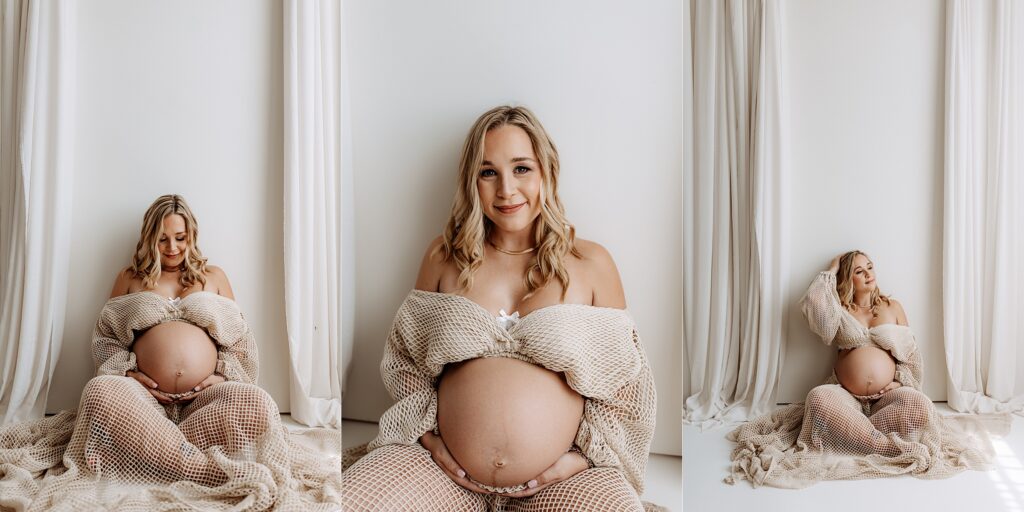 Series of maternity portraits with woman sitting cross-legged in soft net robe, smiling and connecting with her belly in boho space