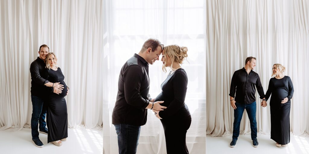 Three-part maternity collage of couple in black outfits posing together with loving connection in bright Tampa photography studio