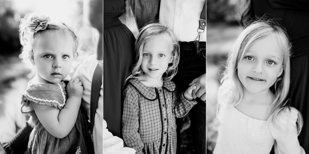 Black and white portraits of three daughters during outdoor family session, showing sweet expressions and close-up connection