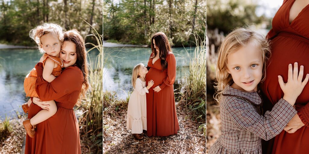 maternity photos at Weeki Wachee

Mother holding youngest daughter in rust dress with soft sun flare during golden hour maternity session in Florida springs
