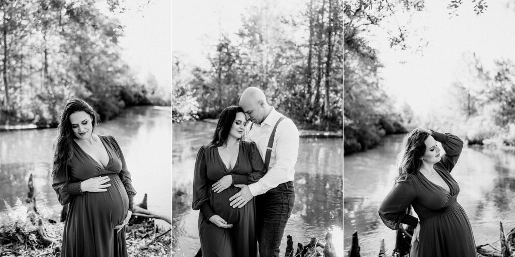 Three black and white maternity portraits featuring emotional moments between expecting couple and serene solo poses by the spring