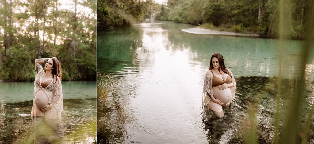 Pregnant woman in brown bikini and crochet wrap standing waist-deep in spring water, cradling baby bump with soft light on her skin