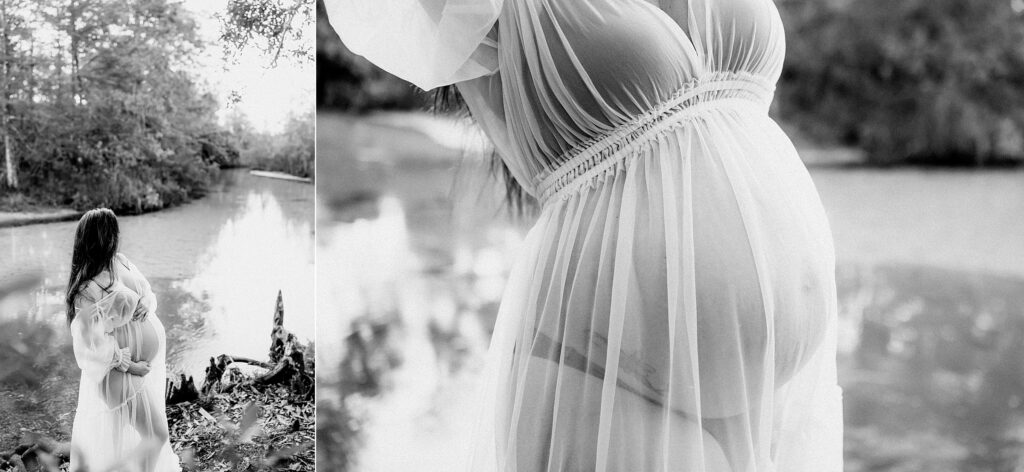 Black and white maternity portraits of woman in flowing gown near water, highlighting movement, emotion, and nature