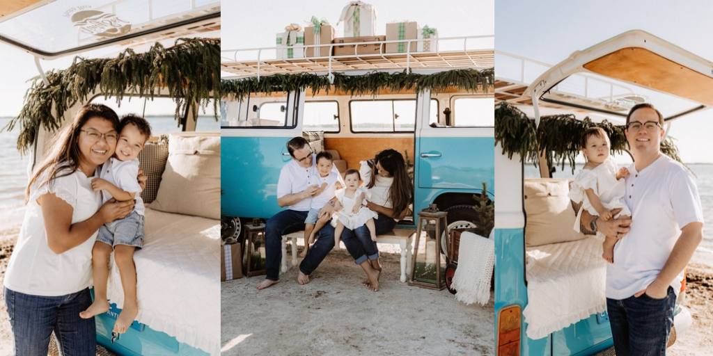 Christmas mini session setup with a decorated turquoise vintage blue bus on St. Pete Beach, Florida.