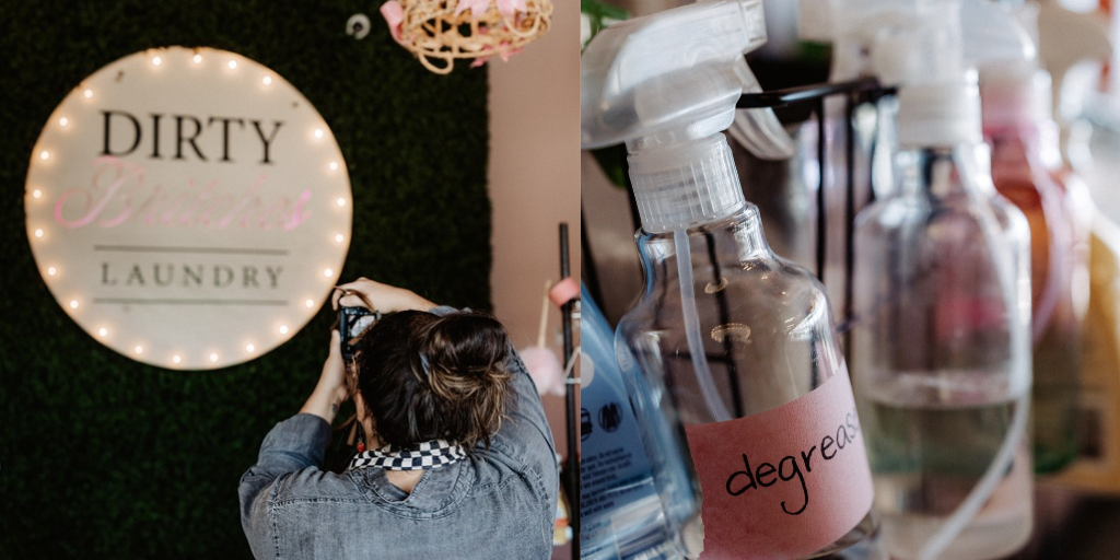 Lifestyle branding photography featuring family moments at Dirty Britches Laundromat in Spring Hill, Florida