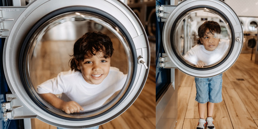 Lifestyle branding photography featuring family moments at Dirty Britches Laundromat in Spring Hill, Florida
