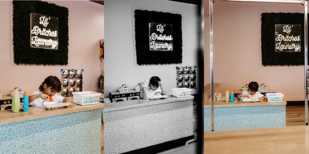 Lifestyle branding photography featuring family moments at Dirty Britches Laundromat in Spring Hill, Florida