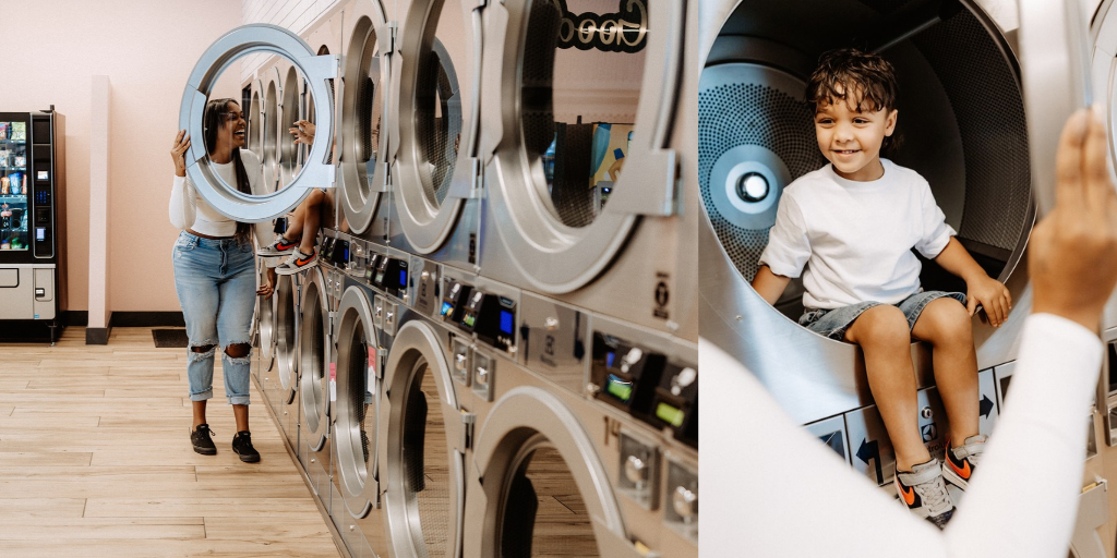 Lifestyle branding photography featuring family moments at Dirty Britches Laundromat in Spring Hill, Florida