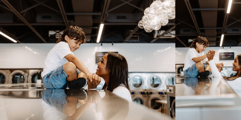 Lifestyle branding photography featuring family moments at Dirty Britches Laundromat in Spring Hill, Florida