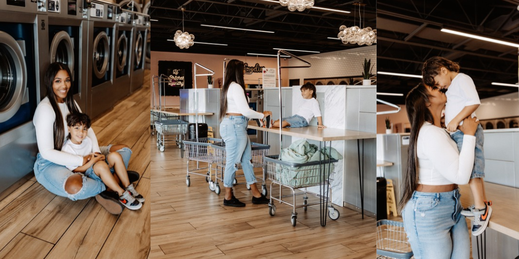 Lifestyle branding photography featuring family moments at Dirty Britches Laundromat in Spring Hill, Florida
