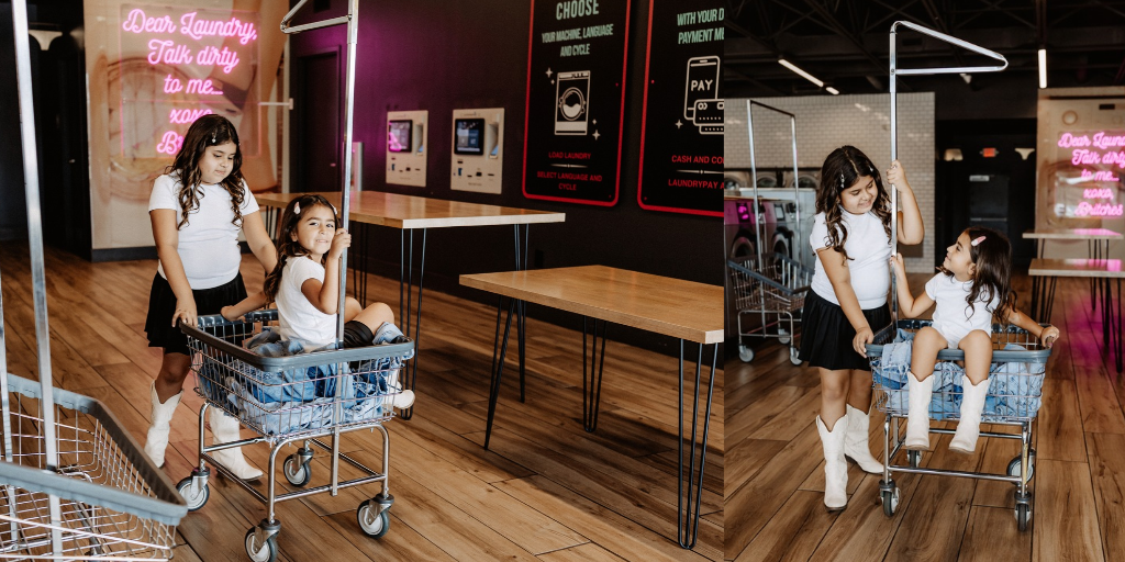 Lifestyle branding photography featuring family moments at Dirty Britches Laundromat in Spring Hill, Florida