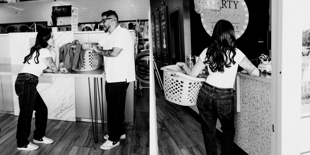 Lifestyle branding photography featuring family moments at Dirty Britches Laundromat in Spring Hill, Florida