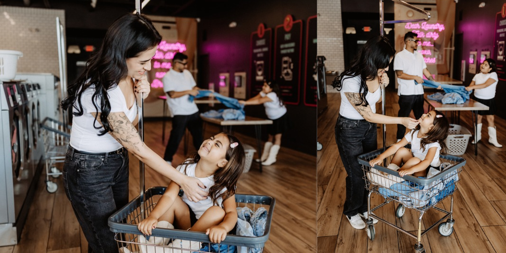 Lifestyle branding photography featuring family moments at Dirty Britches Laundromat in Spring Hill, Florida