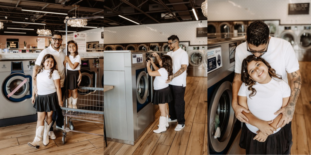 Lifestyle branding photography featuring family moments at Dirty Britches Laundromat in Spring Hill, Florida