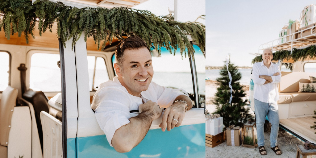 Christmas mini session setup with a decorated turquoise vintage blue bus on St. Pete Beach, Florida.