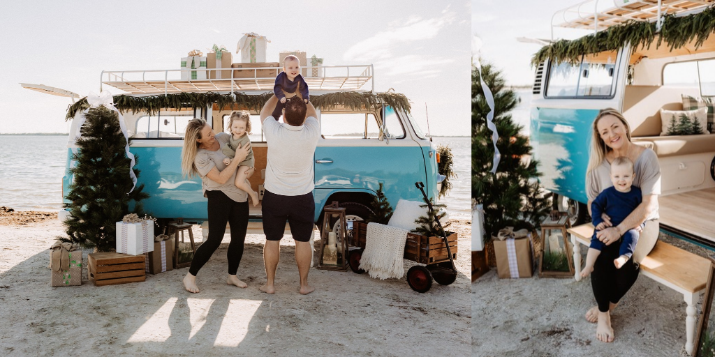Christmas mini session setup with a decorated turquoise vintage blue bus on St. Pete Beach, Florida.