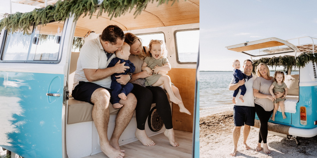 Christmas mini session setup with a decorated turquoise vintage blue bus on St. Pete Beach, Florida.