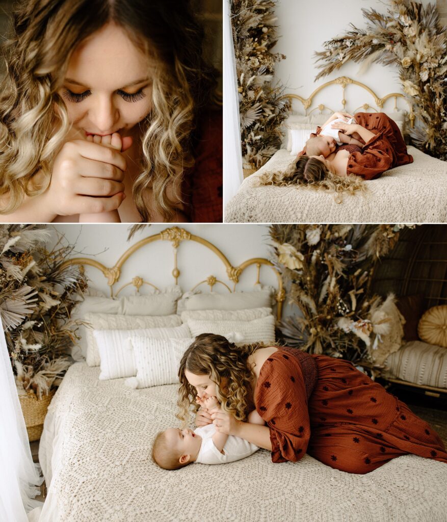 Milestone photography milestone session woman with baby on bed in studio in Tampa Bay, Florida Nadine B Photography