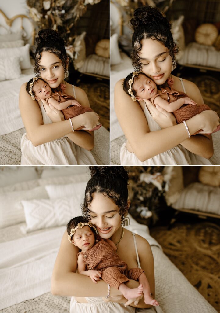 Newborn photography family session woman with baby on bed in studio in Tampa Bay, Florida Nadine B Photography