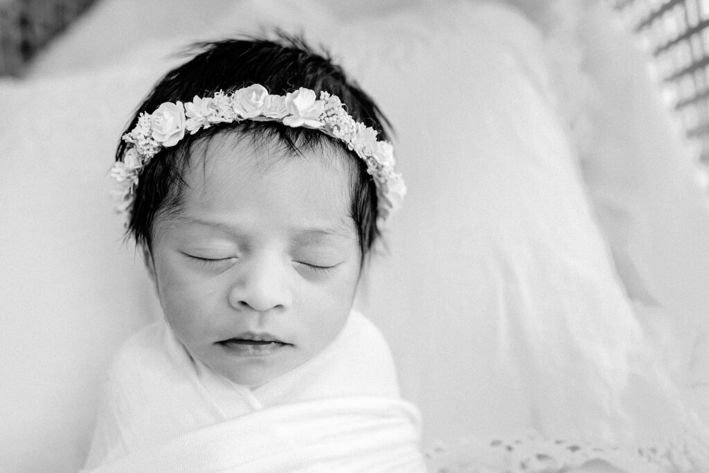 Newborn photography family session baby in bassinet in studio in Tampa Bay, Florida Nadine B Photography