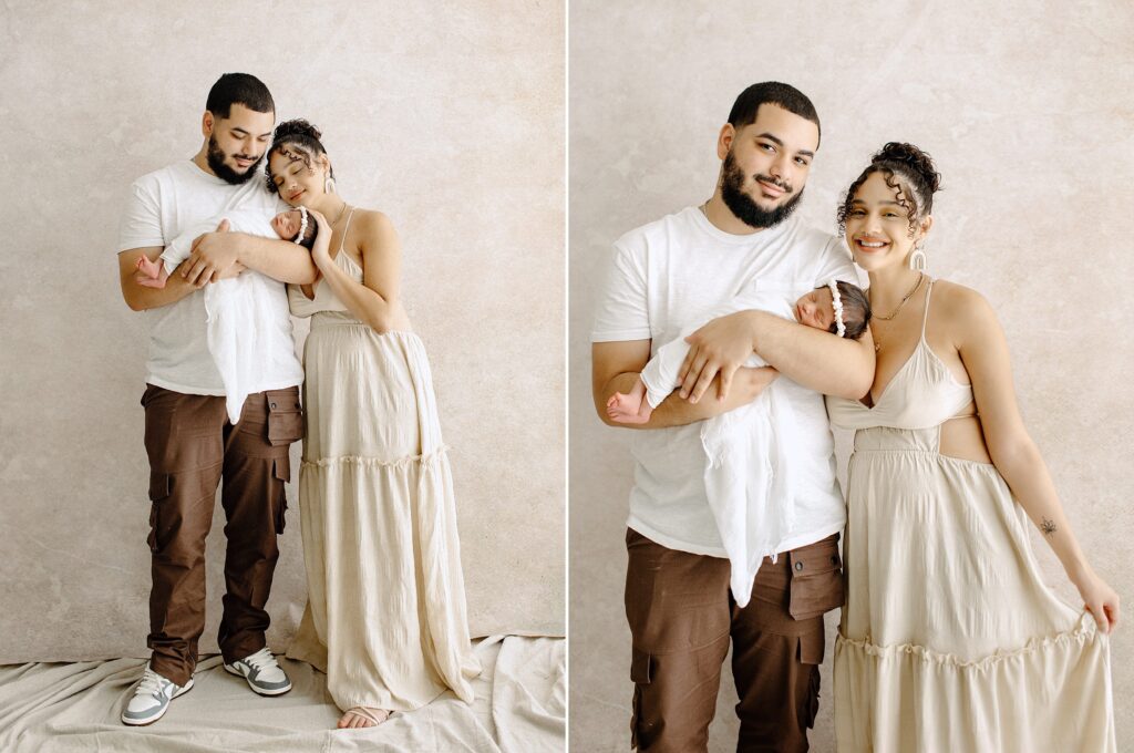 Newborn photography family session woman with baby with man with boho background in studio in Tampa Bay, Florida Nadine B Photography