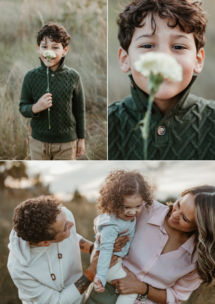 Family photography golden hour session child with flower family in field in Tampa Bay, Florida Nadine B Photography