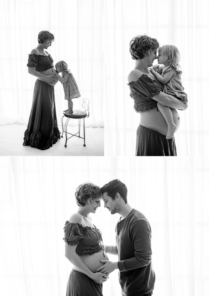 Maternity photography family session pregnant woman  with child and man in studio in Tampa Bay, Florida Nadine B Photography