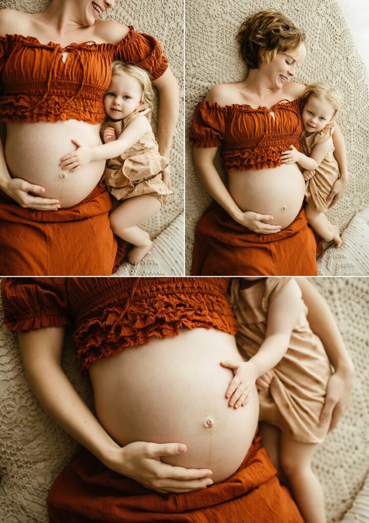 Maternity photography family session pregnant woman  with child on bed in studio in Tampa Bay, Florida Nadine B Photography