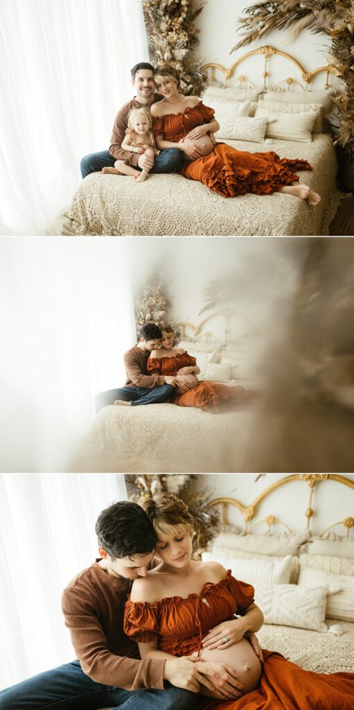 Maternity photography family session pregnant woman  with man and child on bed in studio in Tampa Bay, Florida Nadine B Photography