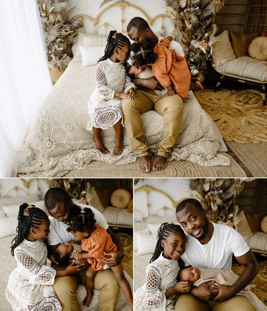 Newborn photography lifestyle session siblings with man on bed in studio in Tampa Bay, Florida Nadine B Photography 