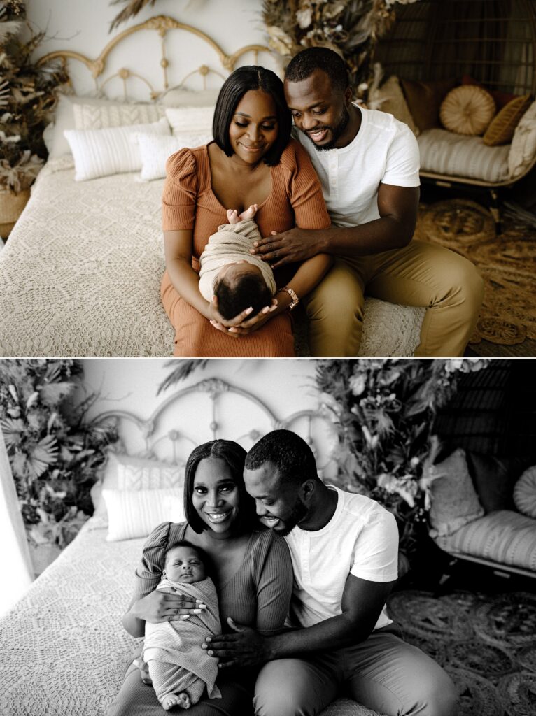 Newborn photography lifestyle session woman with baby with man on bed in studio in Tampa Bay, Florida Nadine B Photography