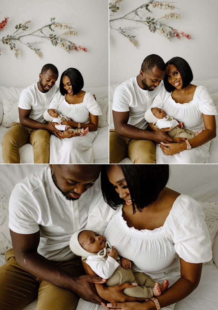 Newborn photography lifestyle session woman with baby with man on couch in studio in Tampa Bay, Florida Nadine B Photography