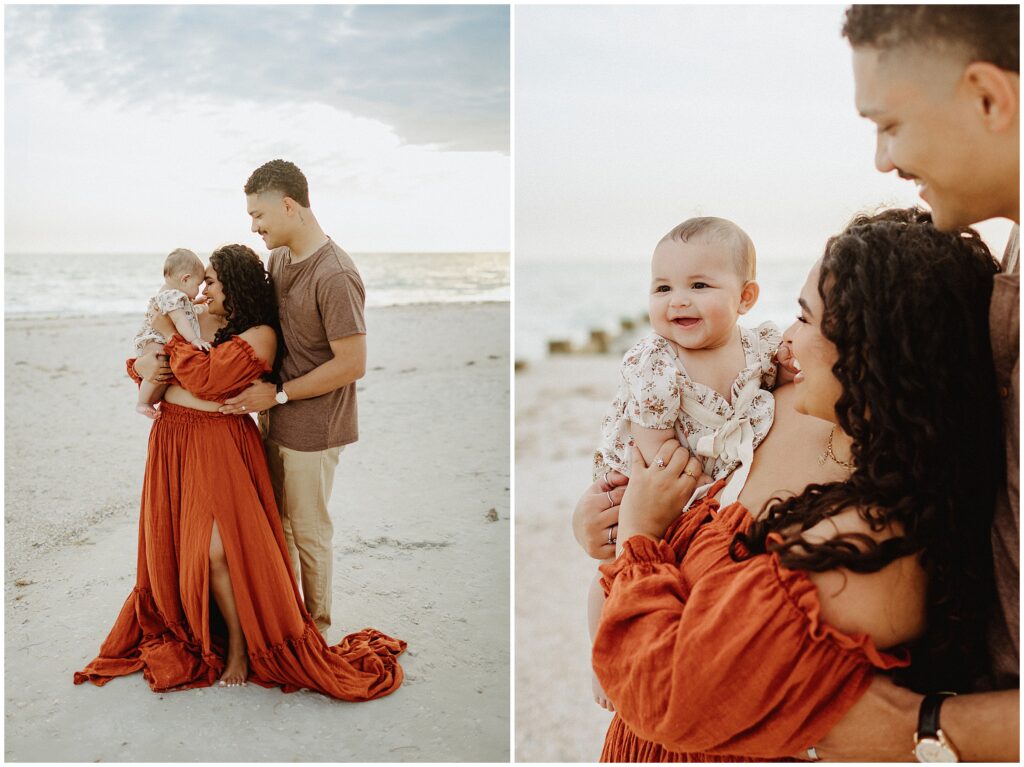 Scenic view of Honeymoon Island beach with cloudy sky, enhancing the colors of the family's attire