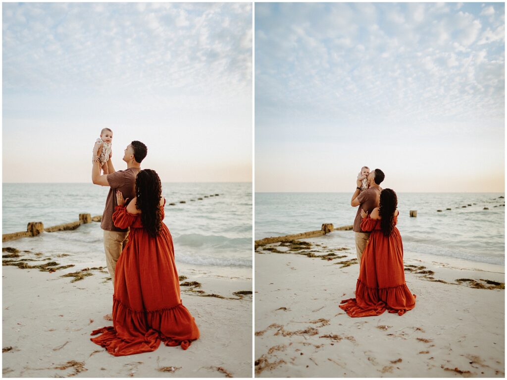 Candid family interaction on Honeymoon Island beach, reflecting joy and togetherness