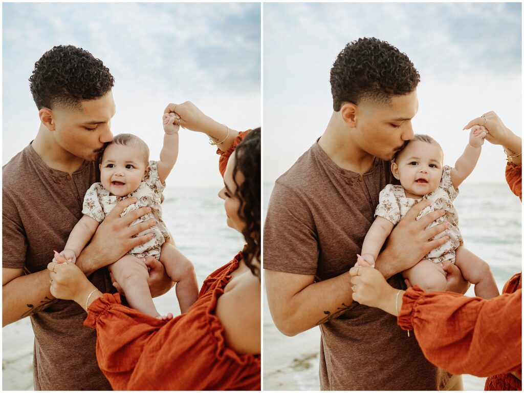 Candid family interaction on Honeymoon Island beach, reflecting joy and togetherness