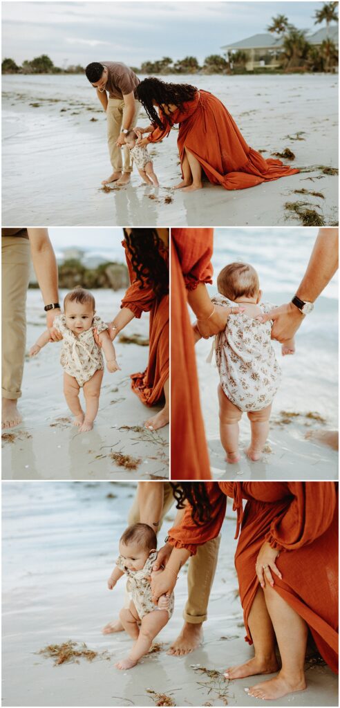 Beautiful family bonding at Honeymoon Island beach, showcasing a stylish couple and their adorable child in coordinated outfits against a scenic backdrop