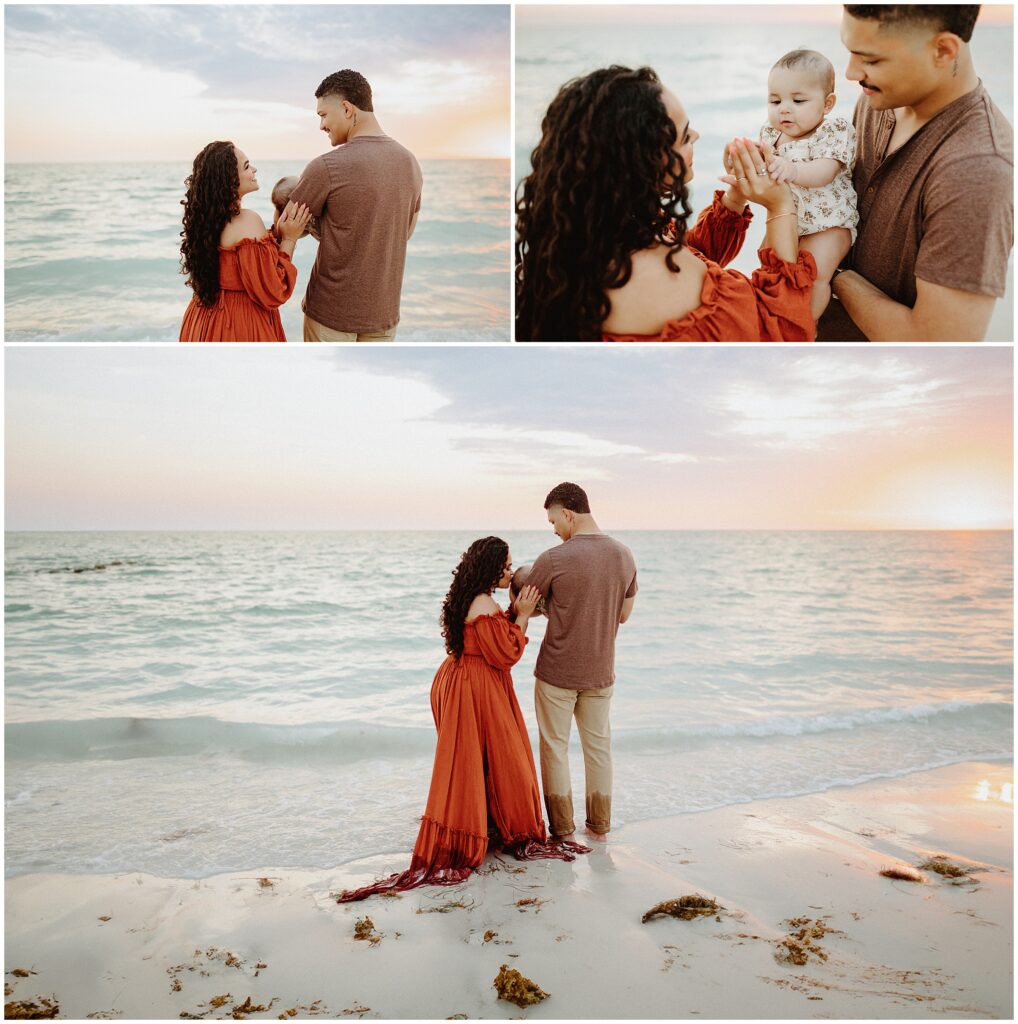 Family portrait featuring Taylor in a stunning rust-colored two-piece dress, posing with her husband and child on Honeymoon Island beach, surrounded by coastal scenery