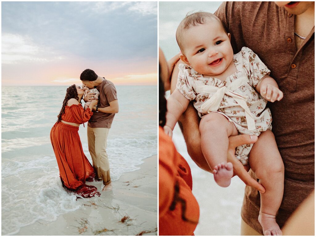 Beautiful family bonding at Honeymoon Island beach, showcasing a stylish couple and their adorable child in coordinated outfits against a scenic backdrop