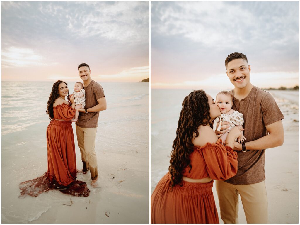 Scenic view of Honeymoon Island beach with soft clouds overhead, accentuating the vibrant colors of the family's attire during a photo session