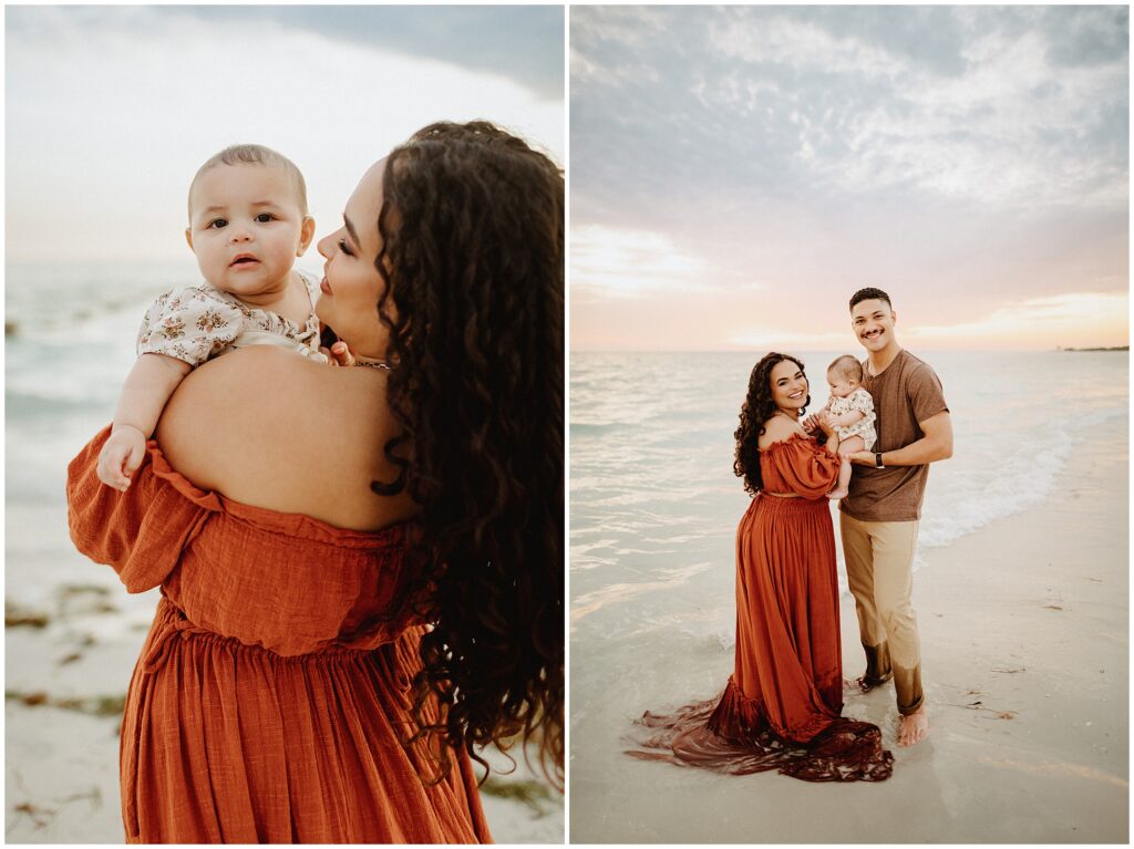 Stunning family portrait on Honeymoon Island beach featuring Taylor in a rust-colored two-piece dress, posing with her husband and child against a scenic coastal backdrop