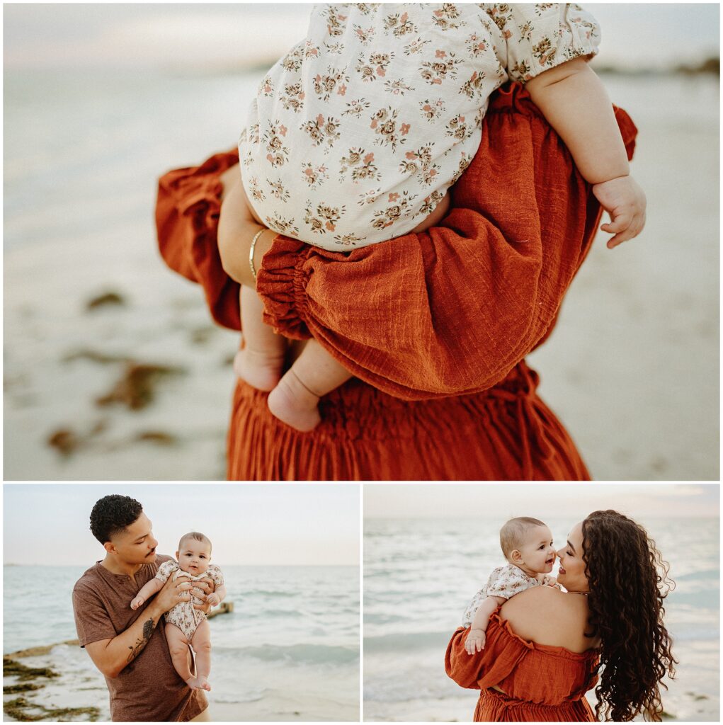 Lovely family portrait captured at Honeymoon Island beach, showcasing a stylish couple and their adorable child in coordinated outfits, embracing by the shore.