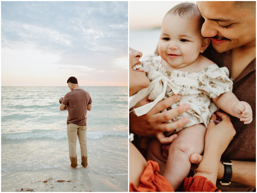 Adorable moment captured on Honeymoon Island beach, showing a father and his baby enjoying a bonding moment by the shore